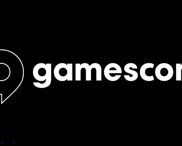 Logo de Gamescom, el evento de videojuegos más grande de Europa, con su icónico símbolo de burbuja de diálogo.