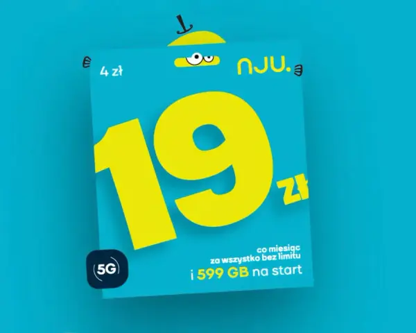 Nju mobile na kartę pakiety: 19 zł miesięcznie za wszystko bez limitu i 599 GB na start. 4 zł za 5G.