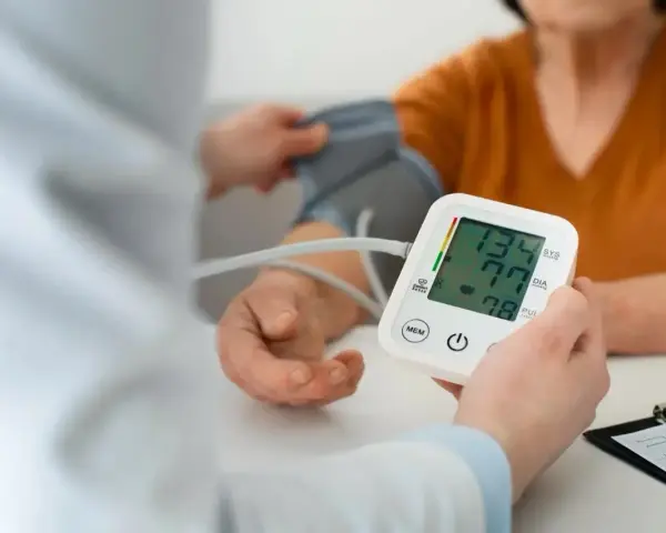 Pomiar ciśnienia krwi. Na ekranie aparatu widnieje wynik 134/77, a poniżej 78.