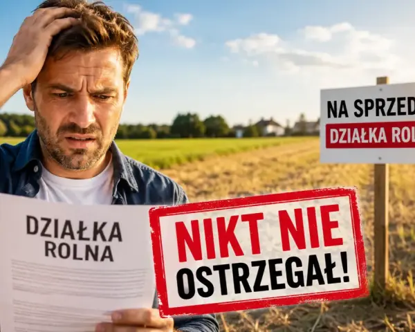 Zdezorientowany mężczyzna trzyma dokument "Działka rolna" na tle pola. Obok znak "Na sprzedaż działka rolna" i czerwony napis "Nikt nie ostrzegał!". Teren zabudowany.
