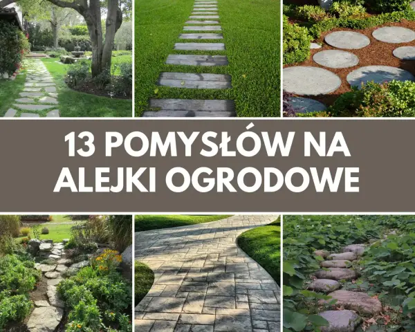 Inspirujące pomysły na alejki w ogrodzie: kamienne ścieżki, drewniane stopnie, okrągłe płyty i kamienie w wodzie.