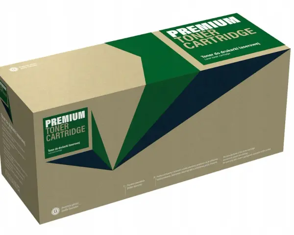 Pudełko z tonerem premium do drukarki laserowej, kompatybilne z bizhub c220. Zielono-granatowy wzór na brązowym tle.