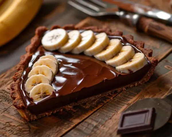 Une part de tarte banane chocolat, garnie de rondelles de banane fraîche sur une ganache onctueuse, sur un fond en bois rustique.