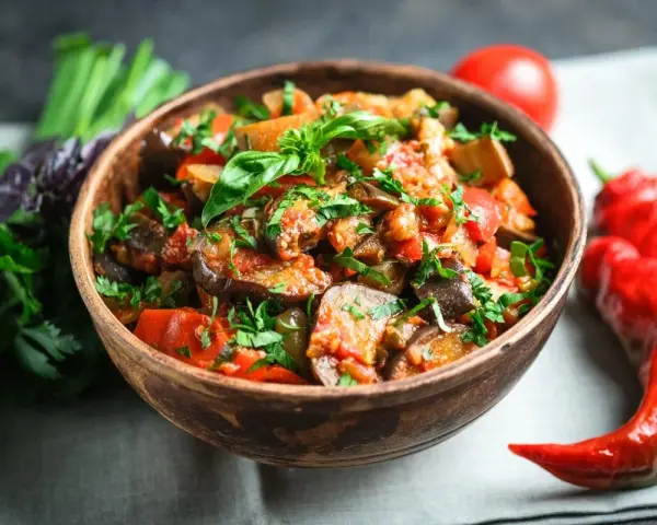 Caponata co to? Aromatyczne, sycylijskie danie z bakłażana, pomidorów i papryki, posypane świeżą pietruszką.
