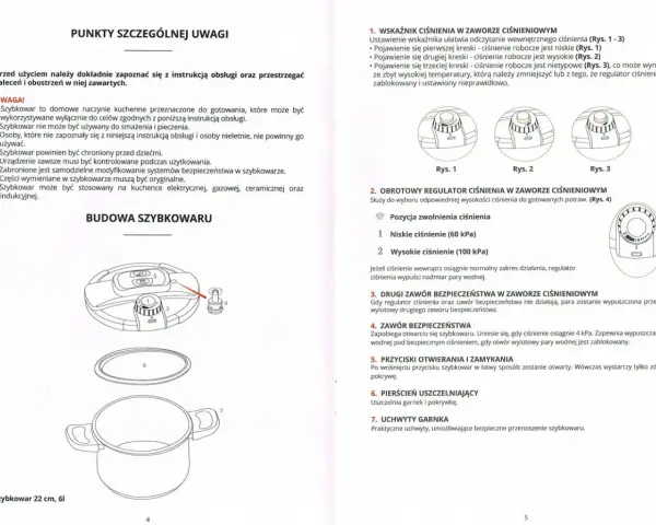 Tabela czasów gotowania w szybkowarze: wskaźnik ciśnienia, regulator ciśnienia, zawory bezpieczeństwa, przyciski otwierania i zamykania, pierścień uszczelniający, uchwyty garnka.