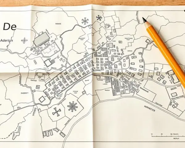 Mapa zasadnicza działki przedstawia szczegółowy plan miasta z budynkami, drogami i rzeką. Obok leży żółty ołówek.