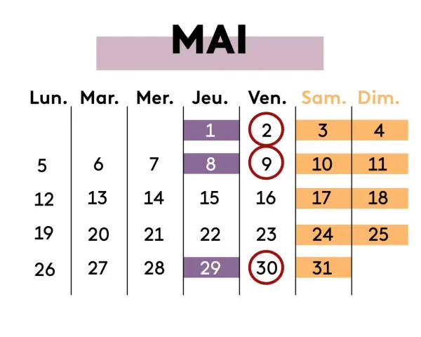 Calendrier du mois de mai. Les dates du 2, 9 et 30 sont entourées, peut-être pour marquer des jours de vacances scolaires en Europe.
