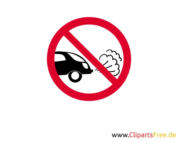 Verkehrszeichen: Motor laufen lassen verboten. Schwarzes Auto mit Abgaswolke, durchgestrichen.