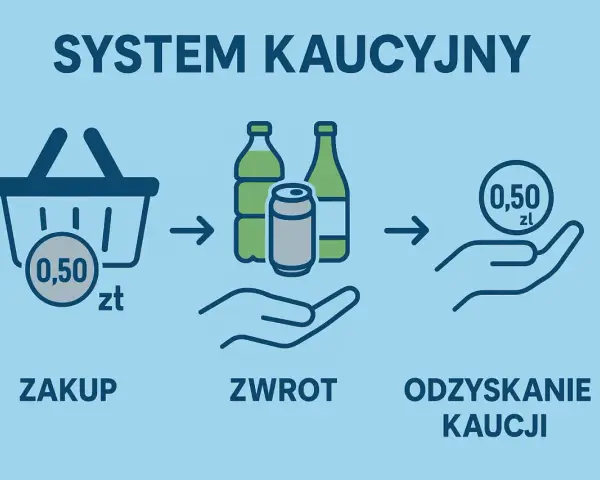 System kaucyjny: zakup z koszykiem i 0,50 zł, zwrot butelek i puszki, odzyskanie kaucji 0,50 zł.