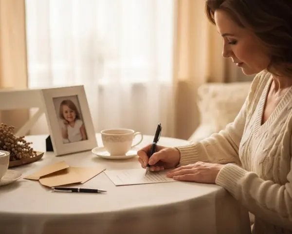 Matka pisze list do dorosłego syna, patrząc na zdjęcie małej dziewczynki.