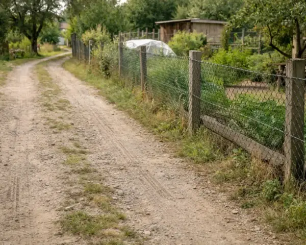 Droga wewnętrzna biegnie wzdłuż siatkowego ogrodzenia, wyznaczając minimalną odległość od granicy działki.