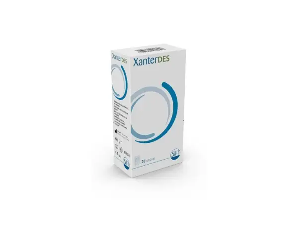 Scatola di collirio Xanterdes, utile per il benessere oculare. Contiene 20 flaconcini da 0,3 ml.