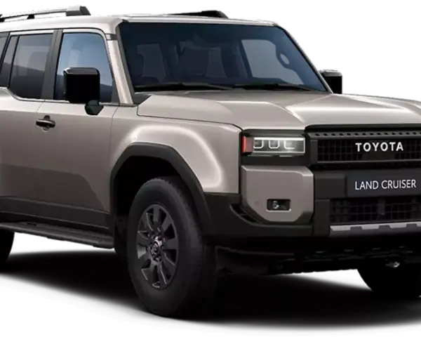 Szary Toyota Land Cruiser 300 z czarnym grillem i napisami TOYOTA LAND CRUISER.