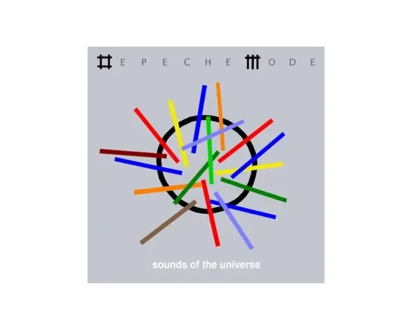 Kolorowe linie wirują wokół czarnego okręgu, tworząc wizualizację "sounds of the universe". Nad nimi logo Depeche Mode.