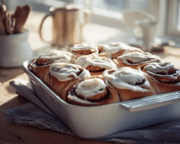 Färska kanelbullar med glasyr i en form, redo att avnjutas. Kanske bakade av Camilla Hamid?