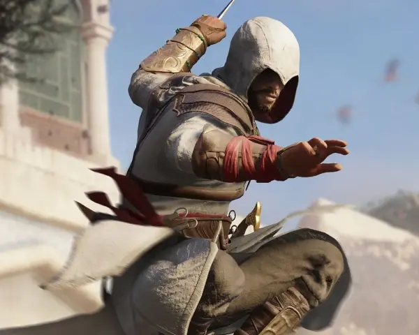 Basim, listo para la acción, con su hoja oculta lista. Los trofeos de Assassin's Creed Mirage esperan a los jugadores.