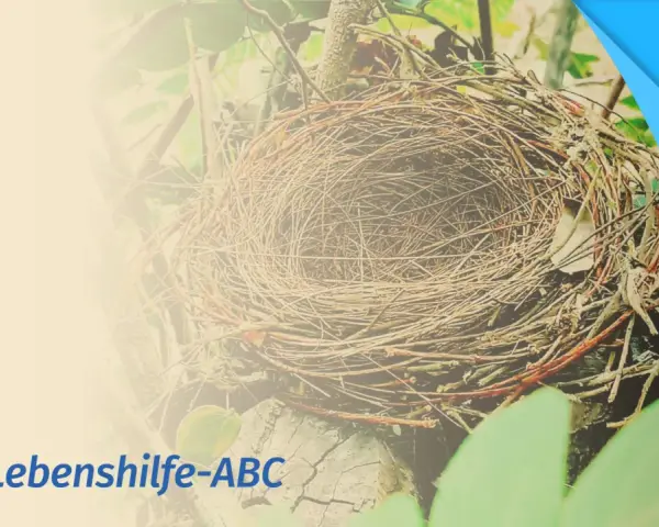 Leeres Vogelnest, Symbol für das "empty nest syndrom". Text: Das Lebenshilfe-ABC.
