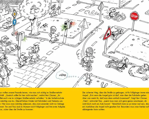 Kinder lernen im Straßenverkehr, wie sie sich richtig verhalten. Ein Polizist erklärt die Regeln, während Kinder mit Tretautos und Fahrrädern üben.