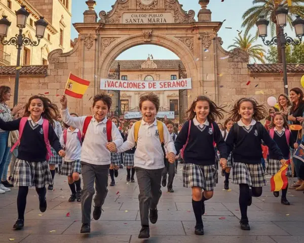 Des écoliers joyeux courent sous des confettis devant une arche ornée d'une banderole "¡VACACIONES DE SERANO!".