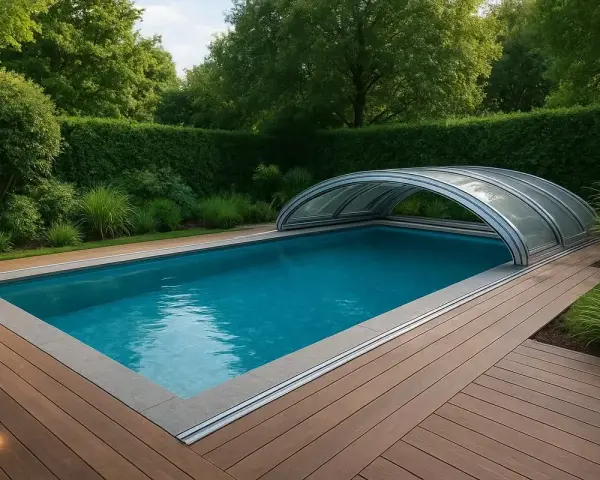 En pool med tak i en lummig trädgård. Taket kan vara en investering som minskar pool kostnad för uppvärmning och underhåll.