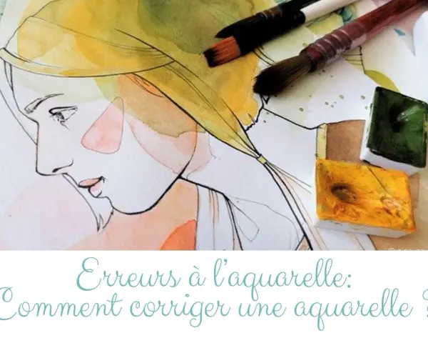 Dessin d'aquarelle d'un profil féminin, avec des pinceaux et des pastilles de couleur.