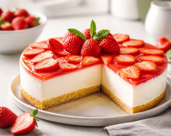Eine köstliche Torte mit Fruchtspiegel, belegt mit frischen Erdbeeren und Minze. Ein Genuss für Augen und Gaumen!