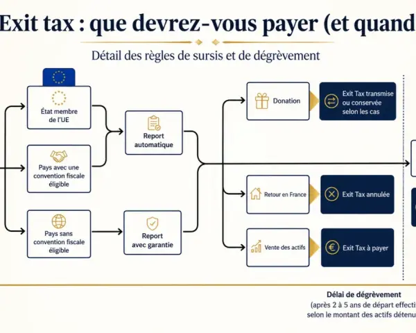 Schéma expliquant l'exit tax en France : départ, pays de destination (UE, convention fiscale), report, donation, vente d'actifs, et conditions d'annulation ou de paiement.