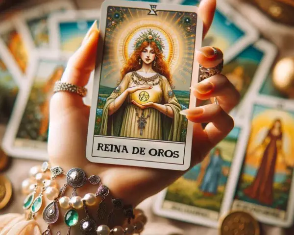 Mano sostiene carta "Reina de Oros", que significa la reina de oros en el tarot, rodeada de otras cartas y adornos dorados.