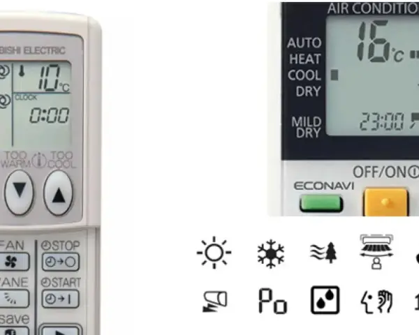 Mandos a distancia de aire acondicionado con varios símbolos. El mando de Mitsubishi muestra la temperatura y la hora. El otro mando muestra modos como AUTO, HEAT, COOL, DRY. Debajo, hay una fila de iconos que representan funciones del aire acondicionado.