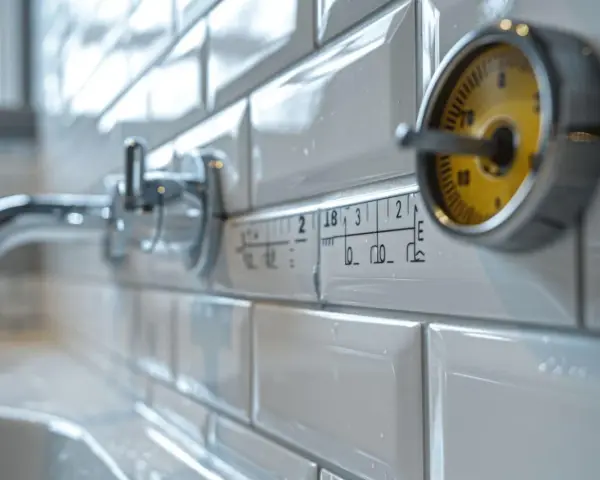 Robinet de salle de bain encastrable avec une graduation indiquant la hauteur. Un indicateur jaune est visible.