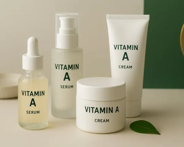 En samling hudvårdsprodukter med vitamin A, inklusive serum och krämer, för en strålande hud.