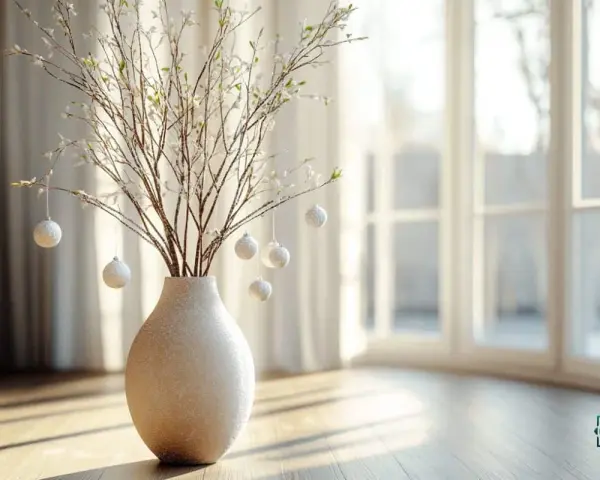 Eine Bodenvase mit Zweigen und kleinen Kugeln, die wie zarte Blüten aussehen. Ein schönes Beispiel, wie man eine Bodenvase dekorieren kann.