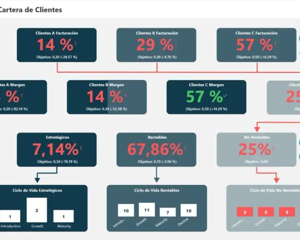 Un cuadro de mando visualiza la cartera de clientes, mostrando métricas clave como facturación, margen, rentabilidad y ciclo de vida, para una gestión estratégica.
