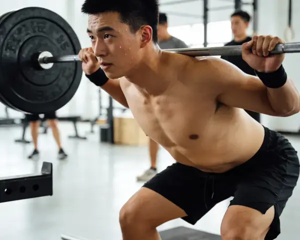 Un homme transpire en faisant un squat avec une barre chargée, un exercice clé pour un programme musculation prise de masse.