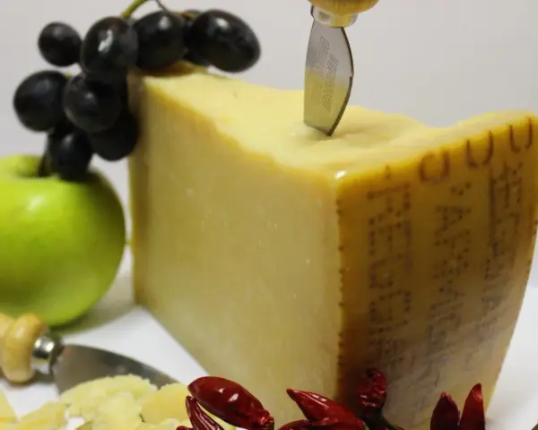 Ein Stück Parmigiano Reggiano mit Trauben, Apfel und Chilis. Verschiedene parmesan sorten sind hier schön arrangiert.