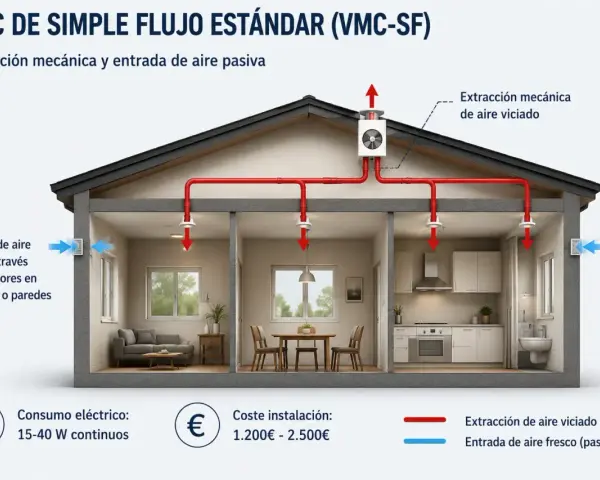 Diagrama de un sistema VMC de simple flujo que muestra la extracción de aire viciado y la entrada pasiva de aire fresco en una casa.