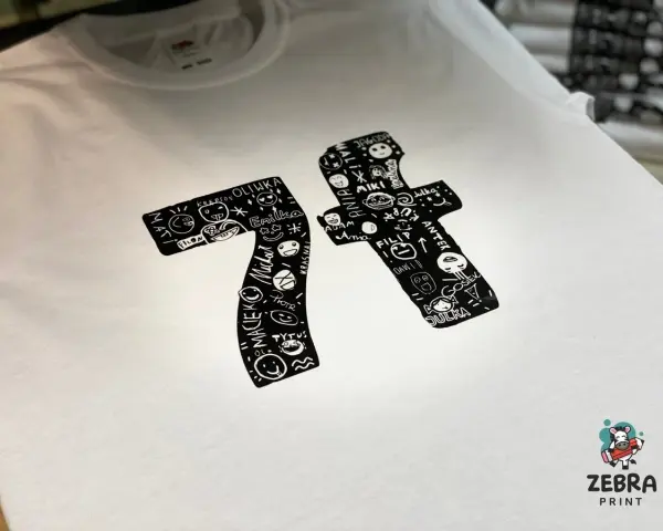 Napisy na koszulki do prasowania: cyfry 7 i 1 wypełnione zabawnymi rysunkami i imionami.
