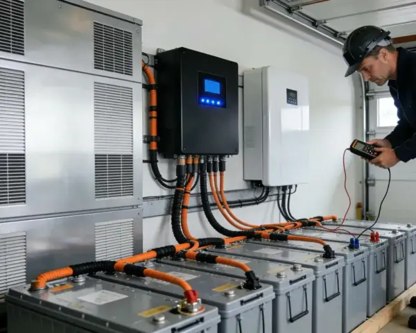 Instalacja magazynu energii 10kW. Technik sprawdza połączenia z akumulatorami. Sprawdź magazyn energii 10kw cena.