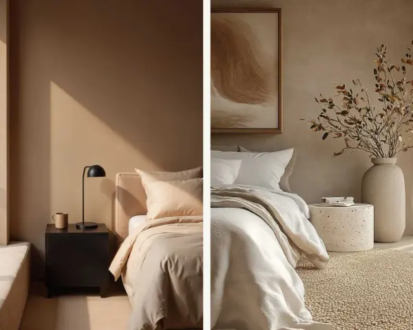 Un acogedor dormitorio en tonos tierra, con camas vestidas y detalles decorativos que invitan a la calma.