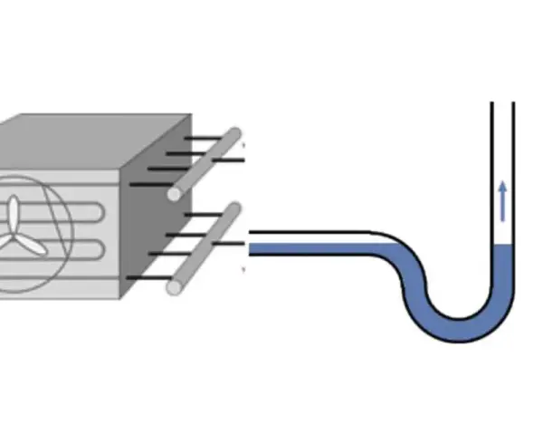 Diagrama de un sistema de aire acondicionado con un ventilador y tuberías. Se muestra un manómetro indicando presión y una cara sonriente, sugiriendo un funcionamiento óptimo gracias al desescarche por gas caliente.