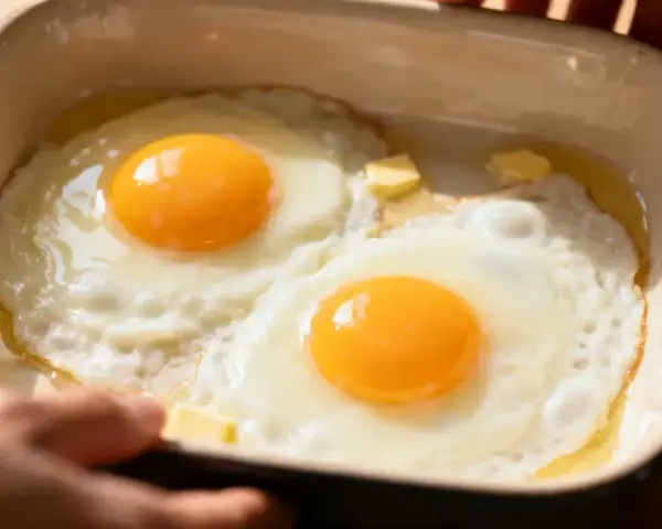 Deux œufs au plat dans un plat en céramique, parfaits pour une recette avec beaucoup d'œufs. Du beurre fond doucement.
