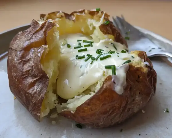 En perfekt bakad potatis med en krämig fyllning och färsk gräslök. En härlig och enkel rätt.