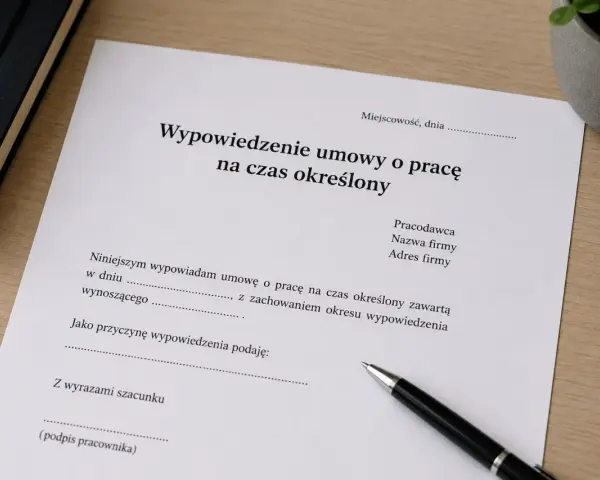 Dokument "Wypowiedzenie umowy o pracę na czas określony" z polem na wpisanie przyczyny. Długopis czeka na podpis.