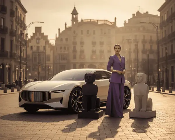 Mujer elegante junto a un carro moderno, flanqueada por estatuas de perros y una torre al fondo. Un guiño al tarot y al futuro.