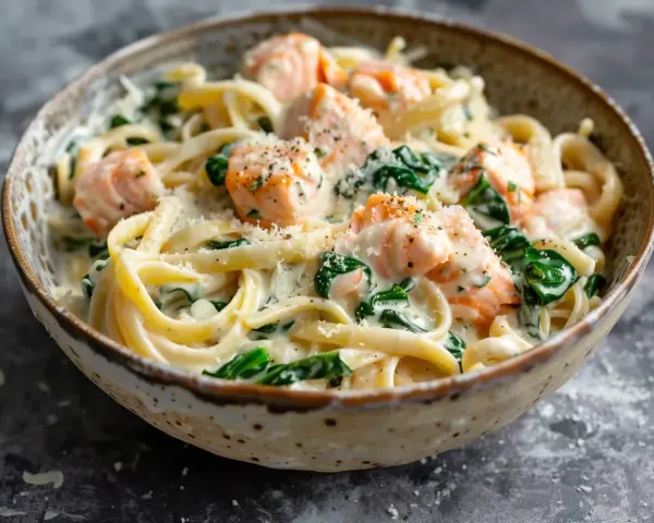 Krämig laxpasta med spenat och parmesan. Ett utsökt laxpasta recept som passar perfekt för en middag.