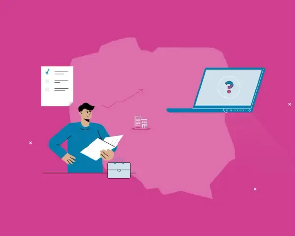 Ilustracja przedstawia mężczyznę z dokumentami, laptop z pytajnikiem i zarys Polski.