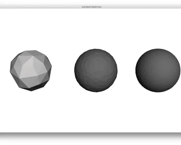 Autodesk Meshmixer: od importu do STL. Trzy modele sferyczne, od wielościanu do gładkiej kuli.