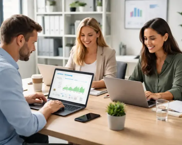 Equipo colaborando en estrategias de marketing digital, aprendiendo como hacer email marketing y analizando datos en laptops.