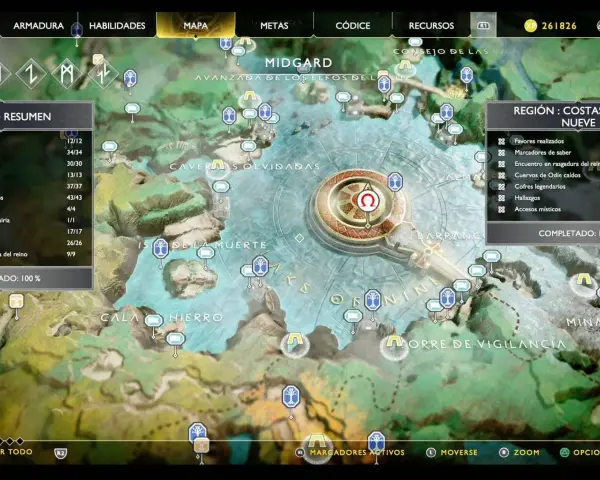 Mapa de Midgard, región Costas de Nueve. Busca el tesoro enterrado en el lago de los nueve.