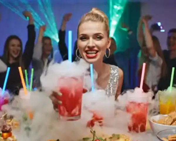 Dymiący drink przepis na imprezę. Kobieta z drinkiem w dymie, ludzie tańczą w tle.